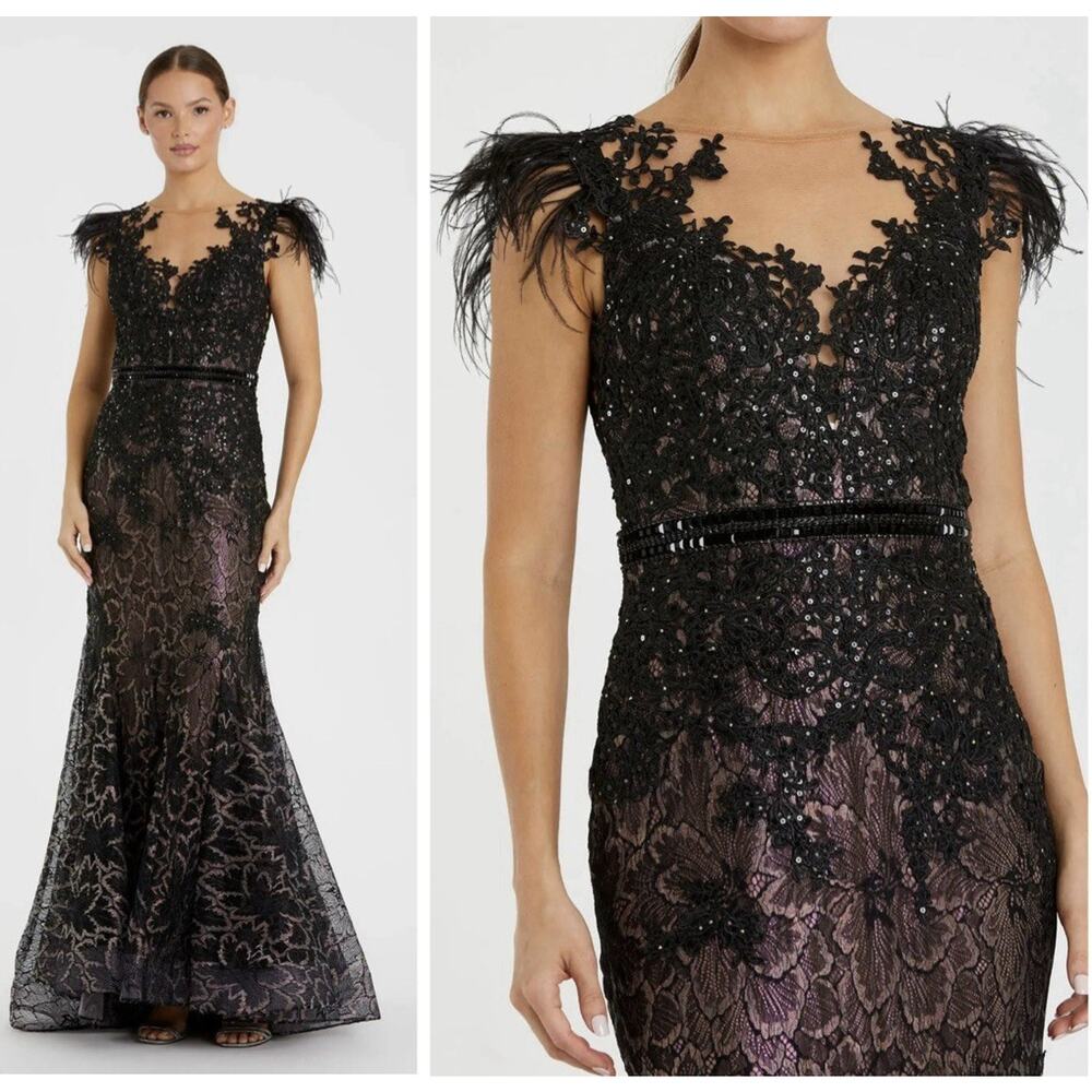 Mac Duggal 79230 Black Size 4 Embellished Trumpet Gown Feather Cap Sleeve NWOT